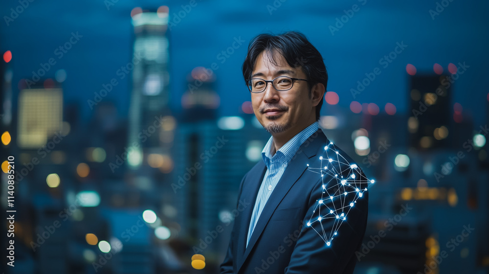 Fototapeta premium Abstract businessman stands on the peak of success Smart digital city with connection cyber security network reciprocity over the cityscape future wireless digital city and social media networking