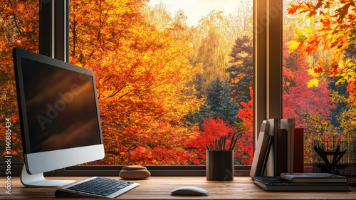 Fall background virtual webinar online presentation teams meeting with interior scenic window view of colorful autumn trees for desk with computer home office study virtual room backdrop.