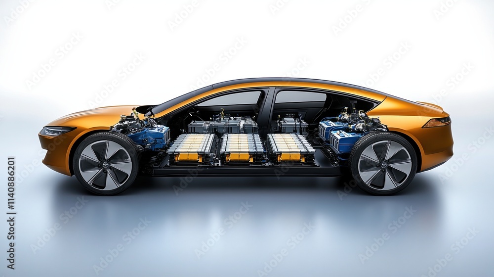 Exploded view of an electric vehicle showcasing battery pouch cells and internal components in a detailed layout Exploded view of an electric vehicle showcasing battery pouch cells and internal components in a detailed layout