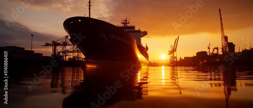 Cargo ship silhouetted against a sunset at a busy port.