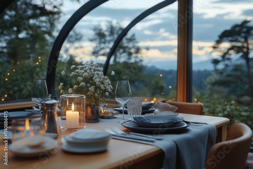 A beautifully set dining table inside a glass-walled room with a view of the distant hills at dusk, filled with warmth and enchantment. photo