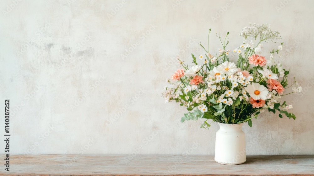 Fototapeta premium A vibrant bouquet of pink and white flowers is thoughtfully arranged in a rustic vase, set on a wooden table against a soft, neutral wall, perfect for Mother's Day celebrations