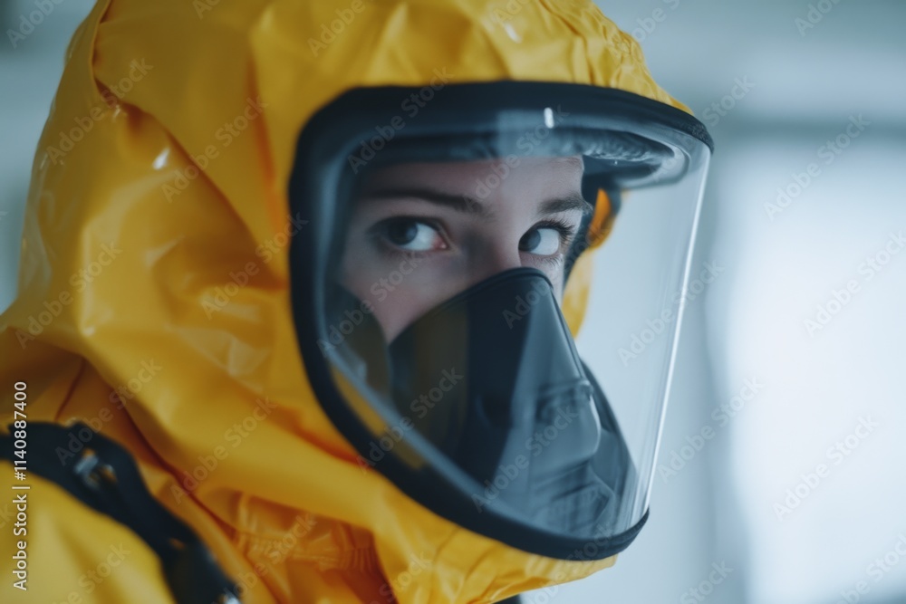 A woman in a protective yellow hazmat suit peers with focused intensity, set against a sterile, blurred background. A woman in a protective yellow hazmat suit peers with focused intensity, set against a sterile, blurred background.