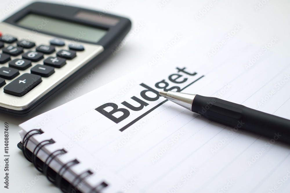 white background budget concept notebook pen calculator close full view copy white background budget concept notebook pen calculator close full view copy