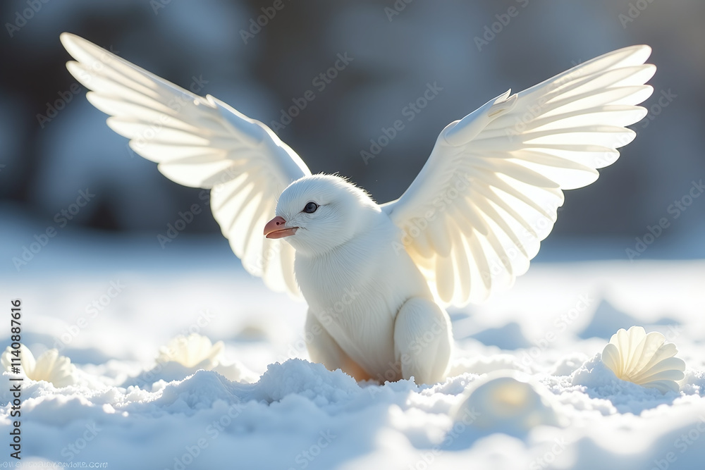 Fototapeta premium whites wings drop petals gently onto pristine snowy