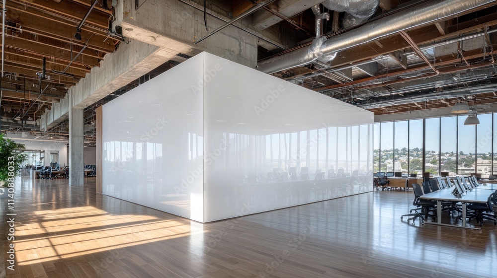 Modern office interior with large white translucent partition. Modern office interior with large white translucent partition.