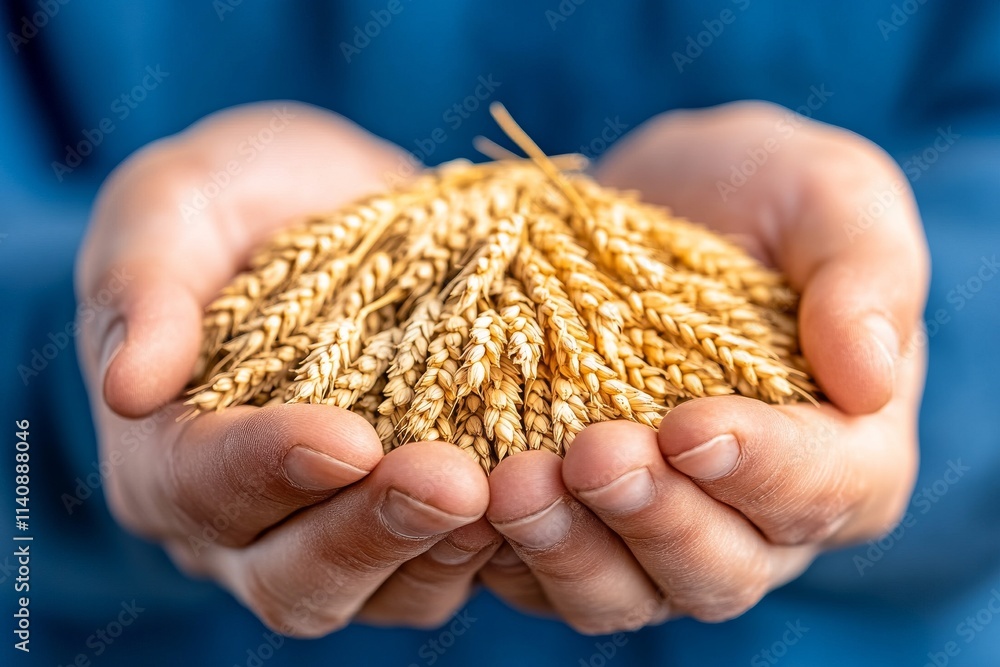 A close-up of calloused hands holding freshly harvested wheat, symbolizing the connection between peasants and the land. Generative AI A close-up of calloused hands holding freshly harvested wheat, symbolizing the connection between peasants and the land. Generative AI