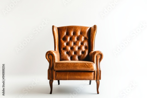 A sophisticated tufted brown leather armchair, highlighting a plush seat and rich texture, offering an air of luxury and elegance in any plush living space. photo