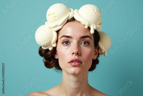 woman ice cream head surreal dreamlike scene melting scoops creamy white frozen photo