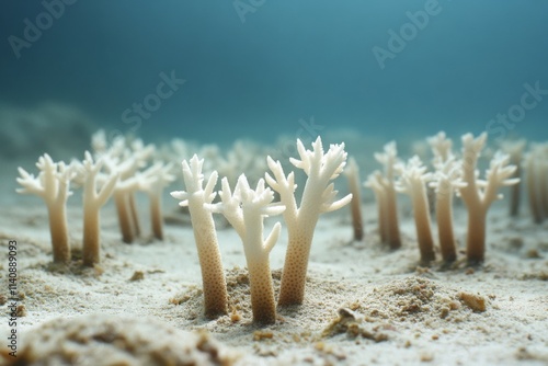 An underwater scene of bleached coral stands silently in clear blue water, representing the fragile beauty and plight of marine ecosystems. photo