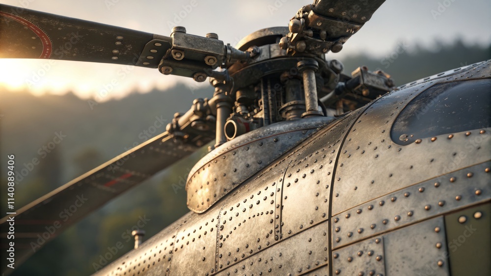 Fototapeta premium Steampunk Helicopter Close-up Golden Hour Rotor and Rivet Detail, Helicopter, Steampunk Helicopter,Vintage Aircraft