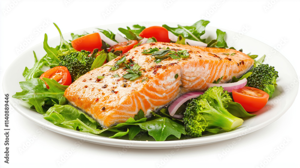 Grilled salmon fish fillet and fresh green leafy vegetable salad with tomatoes, red onion and broccoli Grilled salmon fish fillet and fresh green leafy vegetable salad with tomatoes, red onion and broccoli