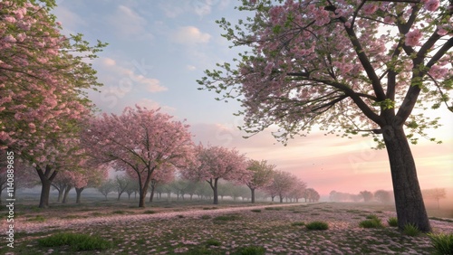 Pink Blossom Pathway Digital Painting, Sunrise Landscape, Tree Line Composition, Pastel Colors, Spring Scenery Keywords Digital Art, Fantasy Landscape