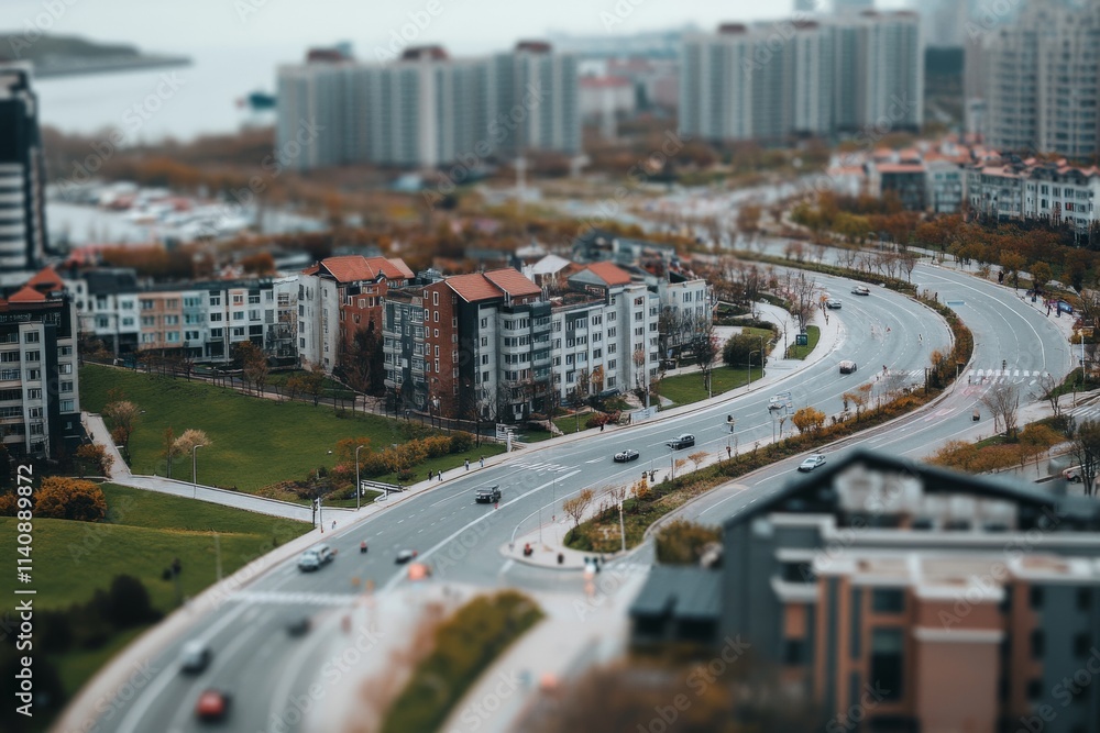 Naklejka premium A panoramic view of a curved road winding through contemporary residential complexes bordered by trees, exuding a sense of urban planning and tranquility.