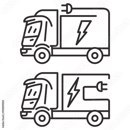 Electric plug in truck icon.Electric truck.Eco power.Green energy.Mobile filling station.Eco power vehicle transport.Electric vehicle power charging.Cargo car shipping and logistics.Outline vector.