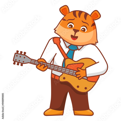 Funny tiger playing guitar.Cute rockstar .Animal cartoon characters.Vector illustration. The musician plays the guitar.Musician with guitar.
