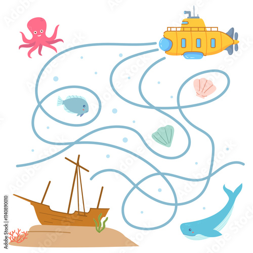 Treasures of sunken ships.Ship underwater game.Submarine a maze.Educational game for children.Underwater quest.Exit from the maze.Help the submarine.Labyrinth shape.Vector illustration.