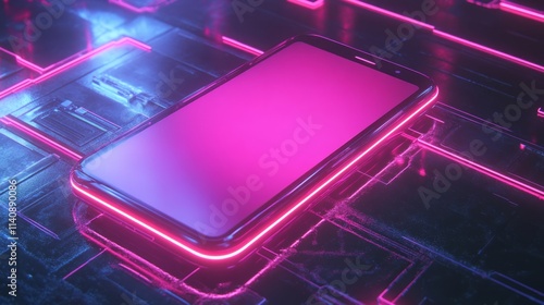 Smartphone on technology background. Neon glowing mobile phone on abstract dark background.