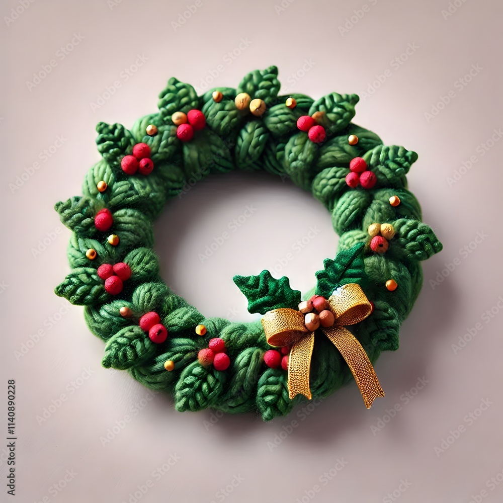 Knitted Holly Wreath with Berry Red and Gold Ribbon Flourishes on Pastel White Background
