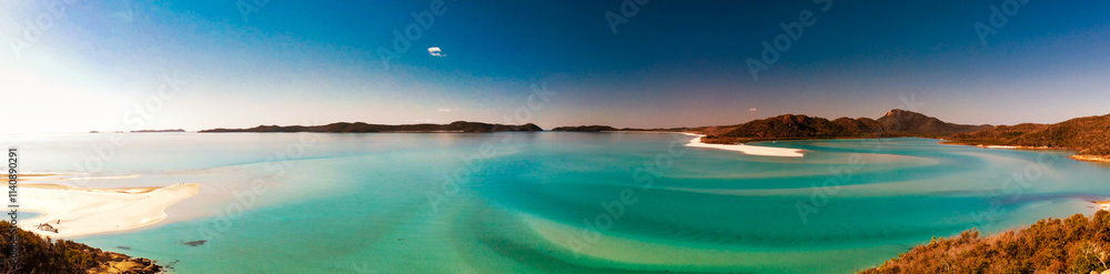 Fototapeta premium Whitehaven Beach aerial view. Panorama from a drone viewpoint. Whitsunday Islands, Australia