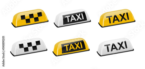 3d Realistic Taxi Car Roof Sign Icon Set Closeup Isolated. Yellow French Taxi Sign Design. Template for Taxi Service. Vector