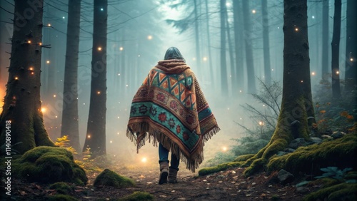 Enchanted Forest Path Woman in patterned poncho walking through mystical foggy woods with glowing lights on trees. Single, Fantasy, Nature Fantasy Photography, Mystical Forest