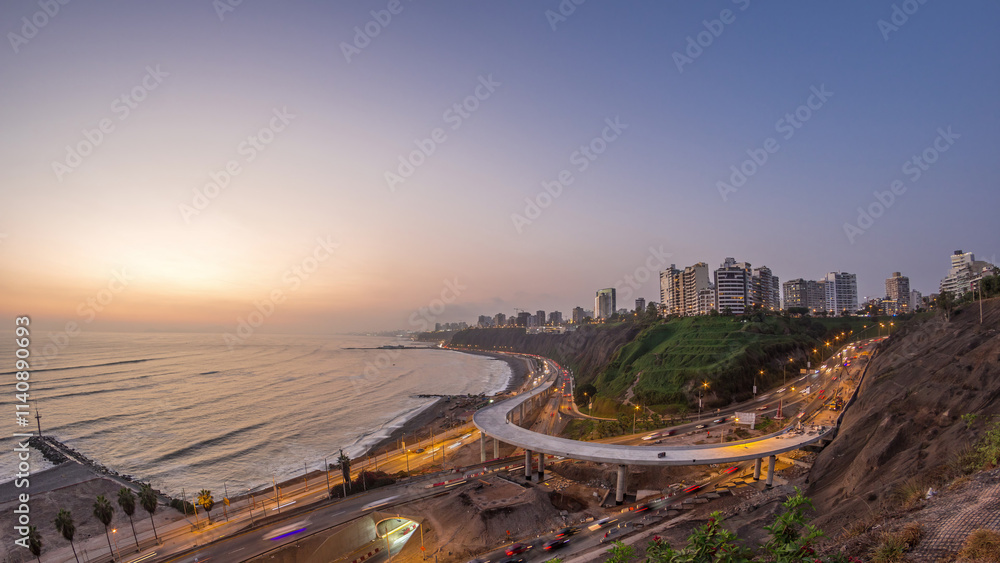 Fototapeta premium Aerial view of Lima's Coastline in the neighborhood of Miraflores day to night timelapse, Lima, Peru