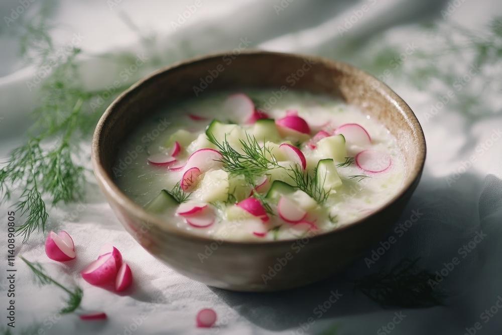 A bowl of creamy soup garnished with fresh dill and vibrant radish slices, beautifully presented on a white tablecloth, offers a fresh, appetizing display. A bowl of creamy soup garnished with fresh dill and vibrant radish slices, beautifully presented on a white tablecloth, offers a fresh, appetizing display.