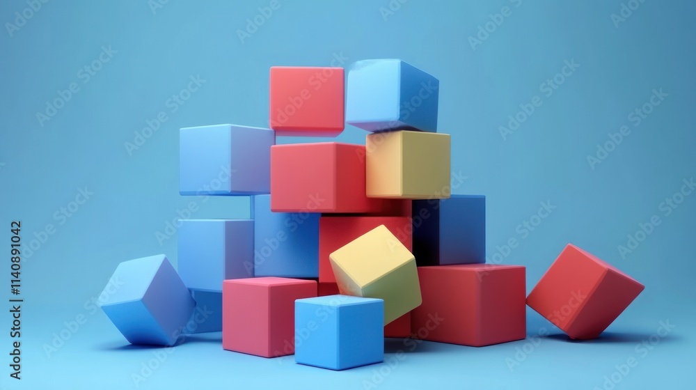 Abstract Composition of Colorful Cubes on a Blue Background: A 3D Render of Stacked Blocks, Illustrating Concepts of Balance, Design and Creativity. Abstract Composition of Colorful Cubes on a Blue Background: A 3D Render of Stacked Blocks, Illustrating Concepts of Balance, Design and Creativity.