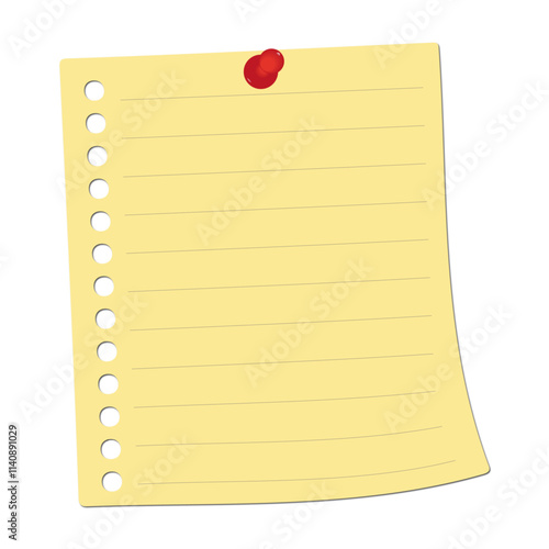 Yellow lined paper sheet with pushpin isolated on a white or transparent background, vector illustration. photo