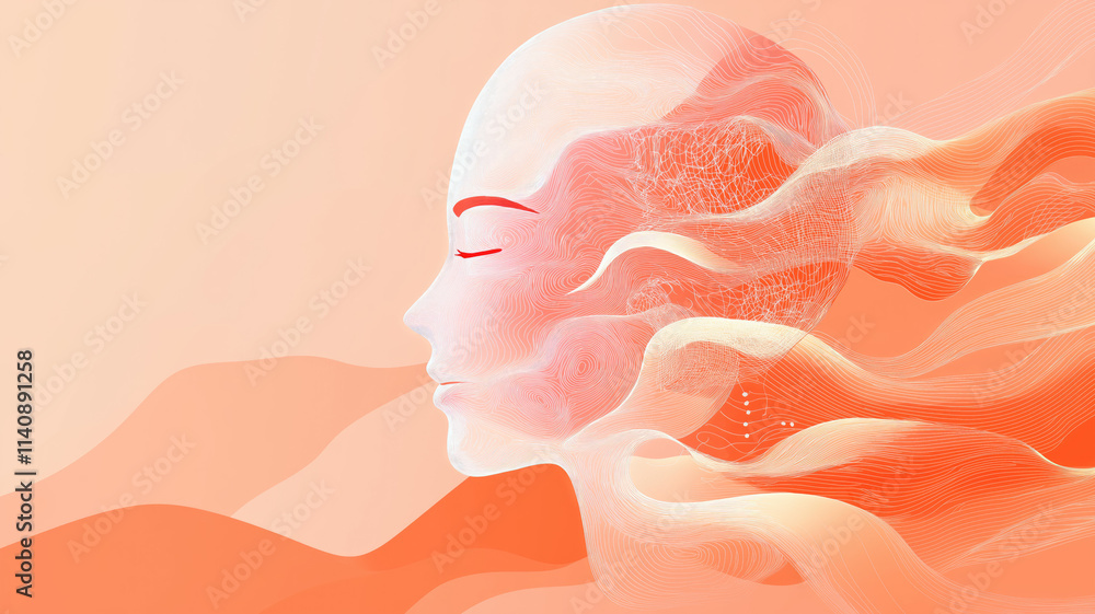 Fototapeta premium Illustration of abstract profile of a human head and consciousness with physical and chemical structures in the head, Person creative mind, Psychic waves concept, Generative AI illustration