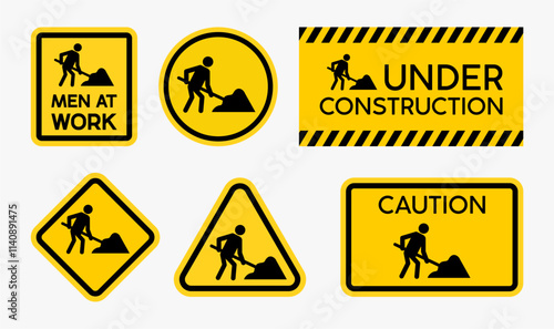 Collection set vector of under construction sign, men at work sign, road works sign, caution sign, in black and yellow design.