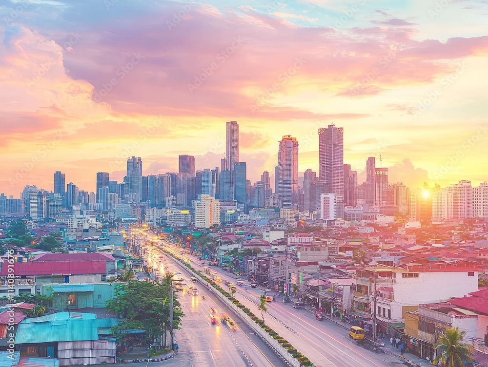 Fototapeta premium City skyline at sunset with vibrant colors and urban landscape.