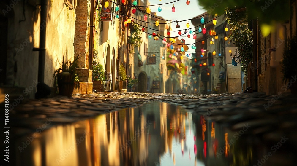 A road with lamps on either side and a puddle in its center A road with lamps on either side and a puddle in its center