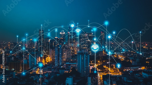 Wallpaper Mural Smart digital city with connection cyber security network reciprocity over the cityscape . future smart wireless digital city and social media networking systems that connects people within the city Torontodigital.ca