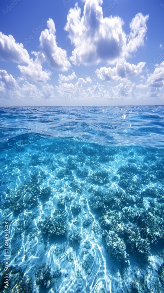 Fototapeta premium Clear turquoise water over coral reefs under a bright sky with clouds.
