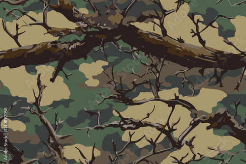 Forest camouflage. Seamless pattern. Branches, green and brown bark. Useable for hunting and military purposes. Hunting camouflage pattern
