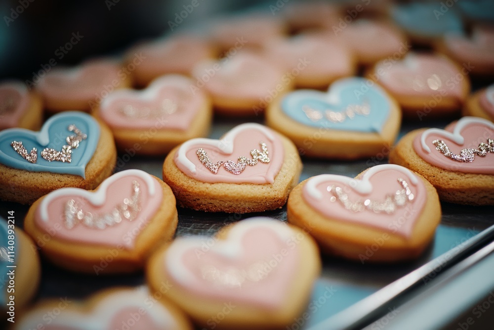 Heart-shaped cookies in pastel blues and pinks, delicately iced with 'Love' written in shimmering sprinkles, evoke sweetness and affection. Heart-shaped cookies in pastel blues and pinks, delicately iced with 'Love' written in shimmering sprinkles, evoke sweetness and affection.