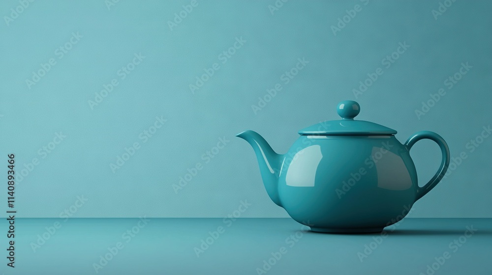 Blue teapot sits on table, beside blue wall and behind blue wall Blue teapot sits on table, beside blue wall and behind blue wall