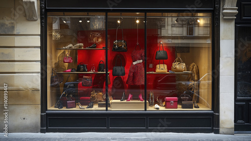 Luxury Parisian shopfront with fashion accessories in boutique window display, luxury, fashion, overprized, expensive, design, designer, handbag, store, shoes, dress, clothe, vintage, antique