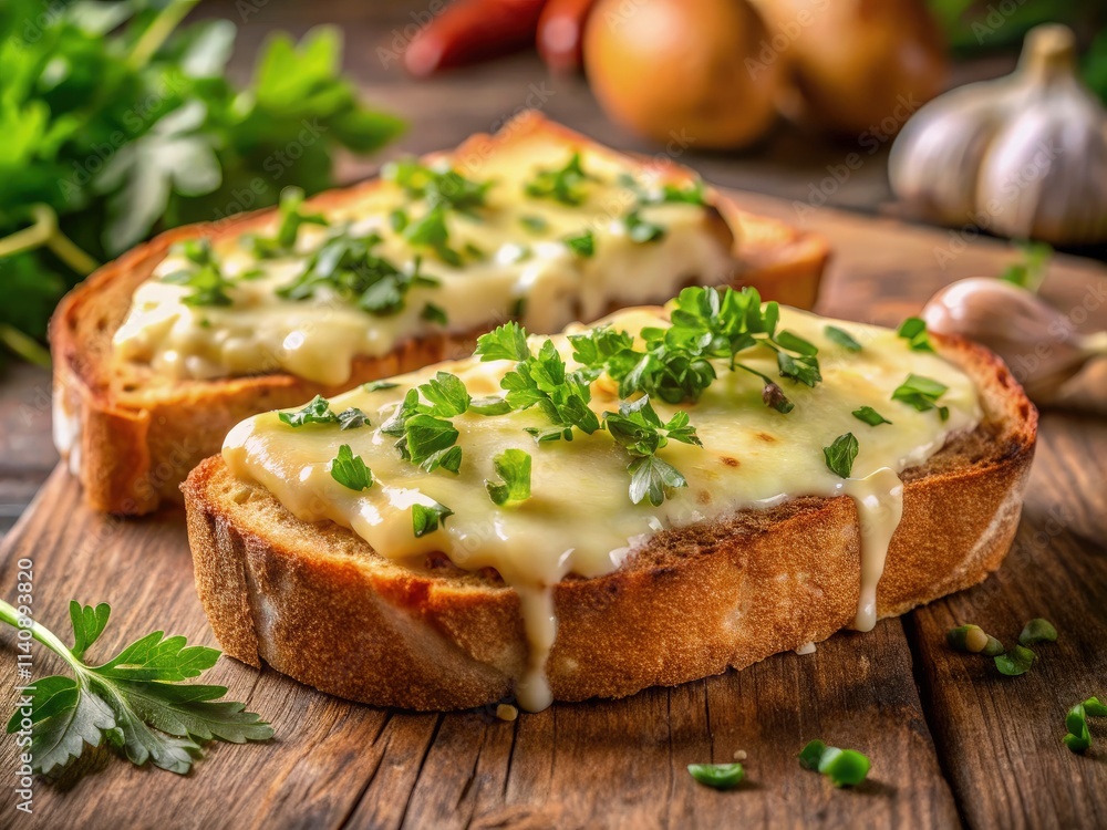 Toasted Bread With Melted Cheese and Fresh Herbs on a Rustic Wooden Table. Generative AI Toasted Bread With Melted Cheese and Fresh Herbs on a Rustic Wooden Table. Generative AI