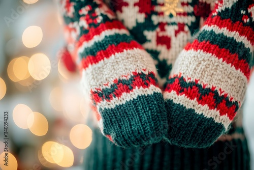 An artistic close-up of a vibrant holiday sweater with intricate patterns, embodying festive cheer and winter warmth that invites cozy gatherings and joyous celebrations. photo