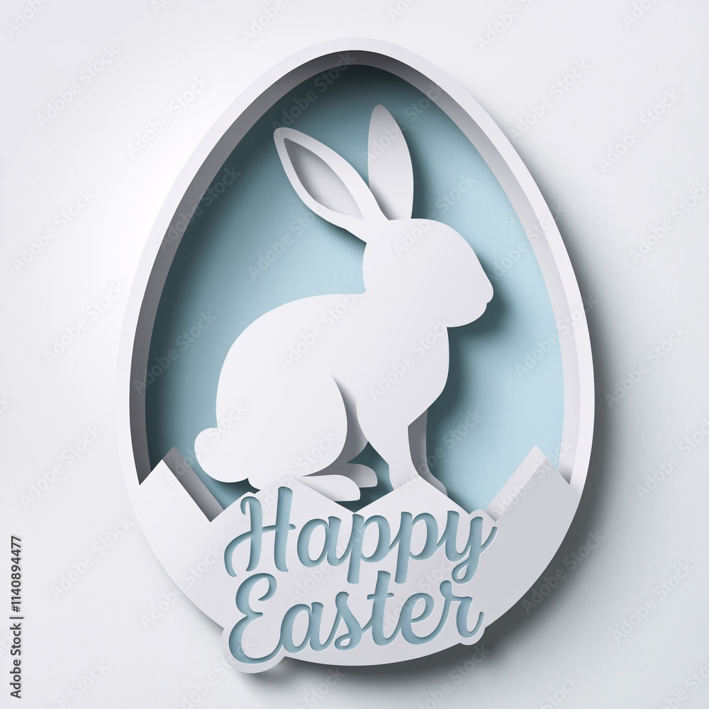 Fototapeta premium Layered Papercut Easter Egg Scene with Rabbit and Blossoms, Happy Easter celebration