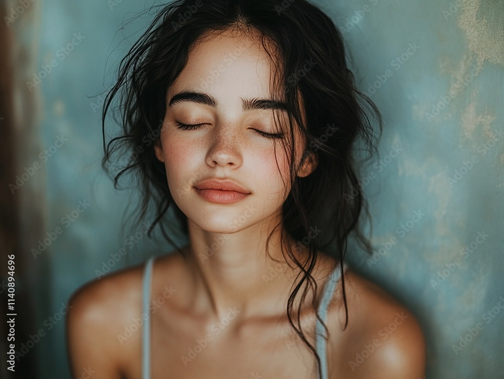 A young woman with dark hair and closed eyes is captured in a soft focus photograph. A young woman with dark hair and closed eyes is captured in a soft focus photograph.