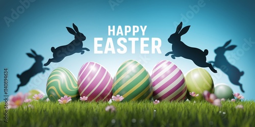 3D Happy Easter celebration Scene with Bunnies, Striped Eggs, and Spring Grass