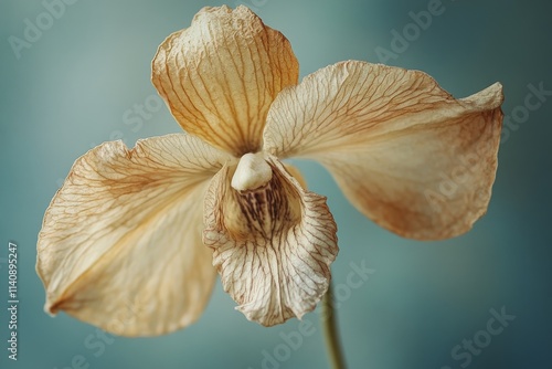 An exquisite dry flower captured with attention to detail, highlighting intricate textures and a soft palette, emphasizing the passage of time and life's ephemeral beauty. photo