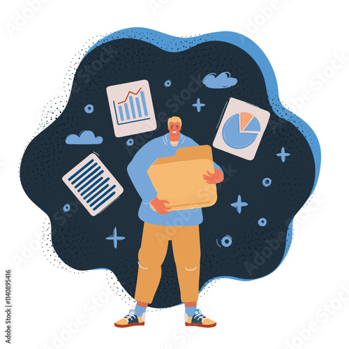 Cartoon vector illustration of young man holding big folder and files around on dark background.