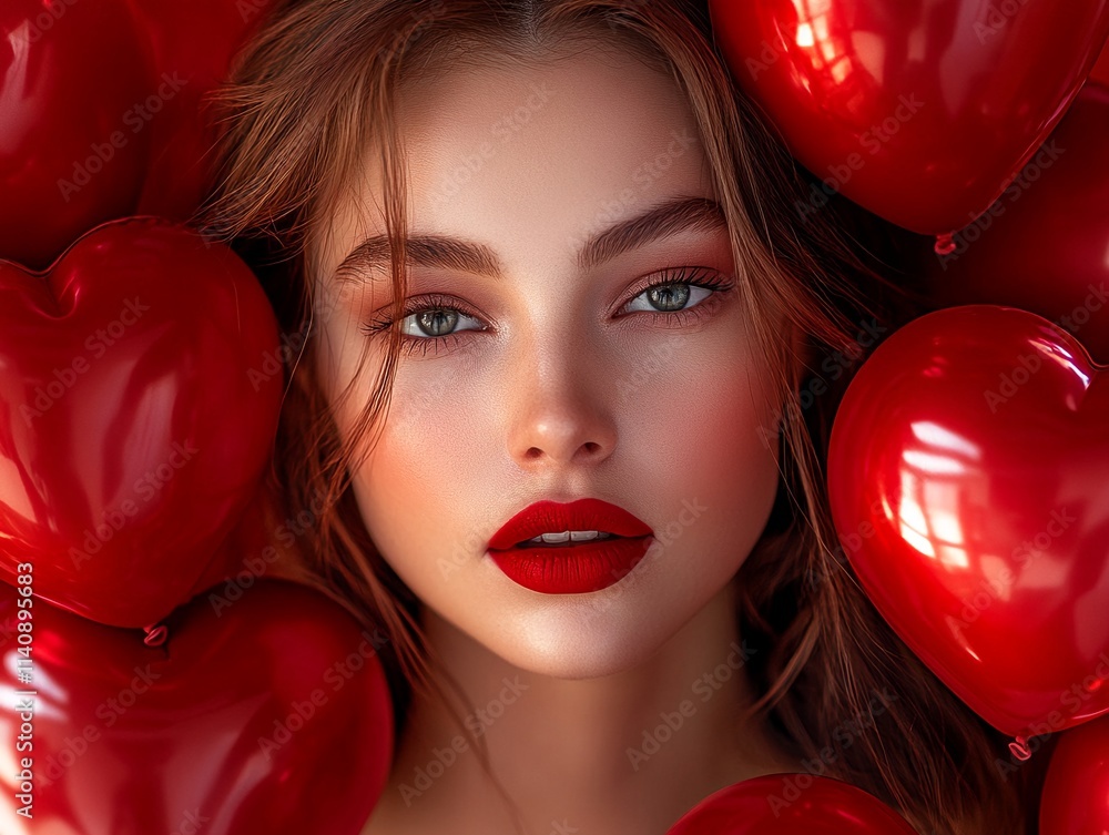 A close-up photograph of a young woman surrounded by heart-shaped red balloons. A close-up photograph of a young woman surrounded by heart-shaped red balloons.