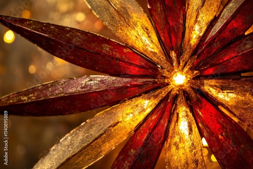 An artistic close-up of a star-shaped decoration embellished with golden and red hues, reflecting light beautifully and evoking thoughts of celebration and unity. photo