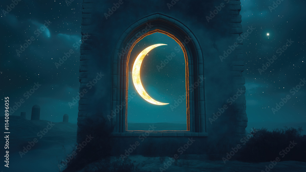 Obraz premium Mystical window with crescent moon in night sky. generative Ai